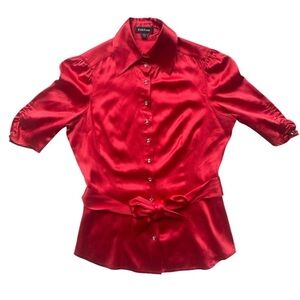 Red Silk Sexy Button-Up BlouseY2K Medium Stretch Pinup Retro Glam